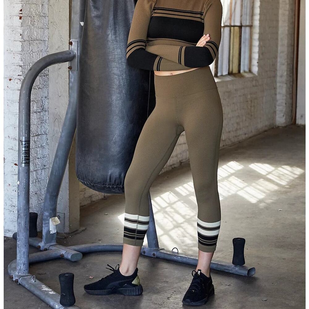 Free People Movement Finish Line Leggings Olive Green Stripe Ribbed Waffle Knit